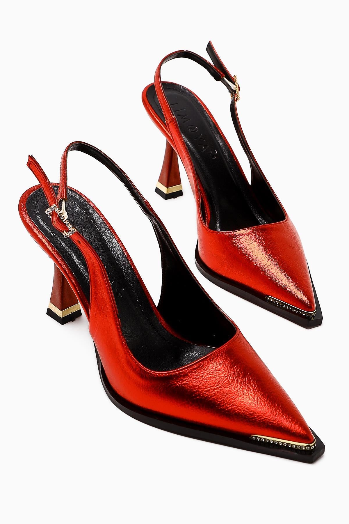Vita Red Stone Detailed Closed Toe Women’s Heeled Shoes