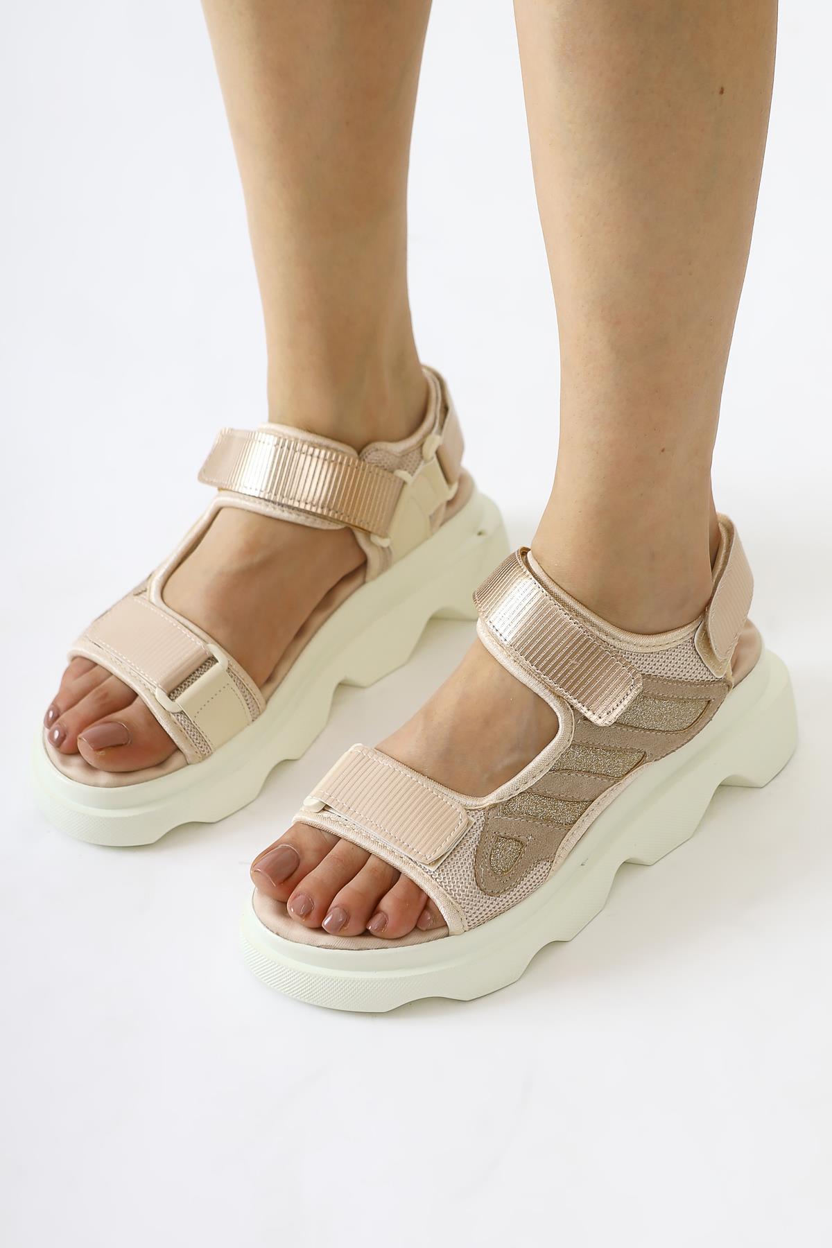 Quan Beige Sandal with Sequin Detail and Comfortable Velcro Sole