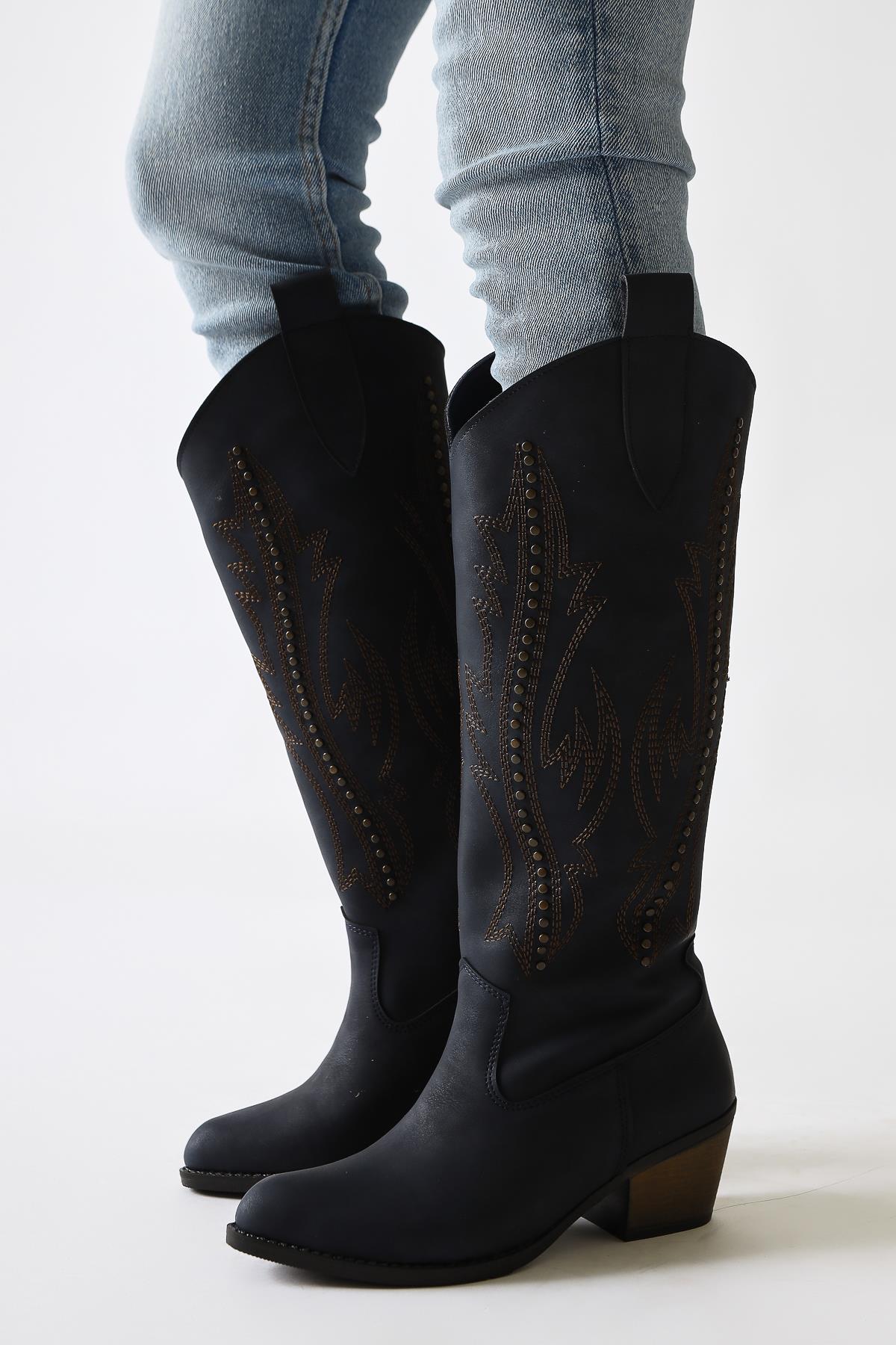 Fizaro Navy Pointed Toe Embroidered Studded Western Boots