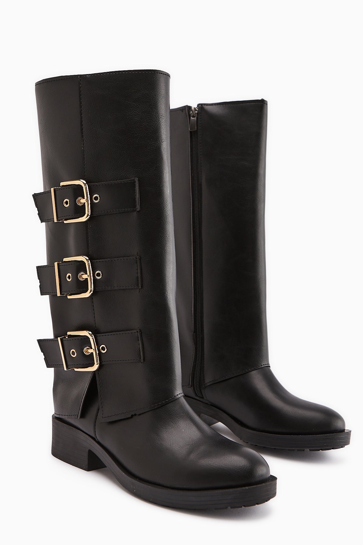 Adelina Black Leather Belted Women's Biker Boot