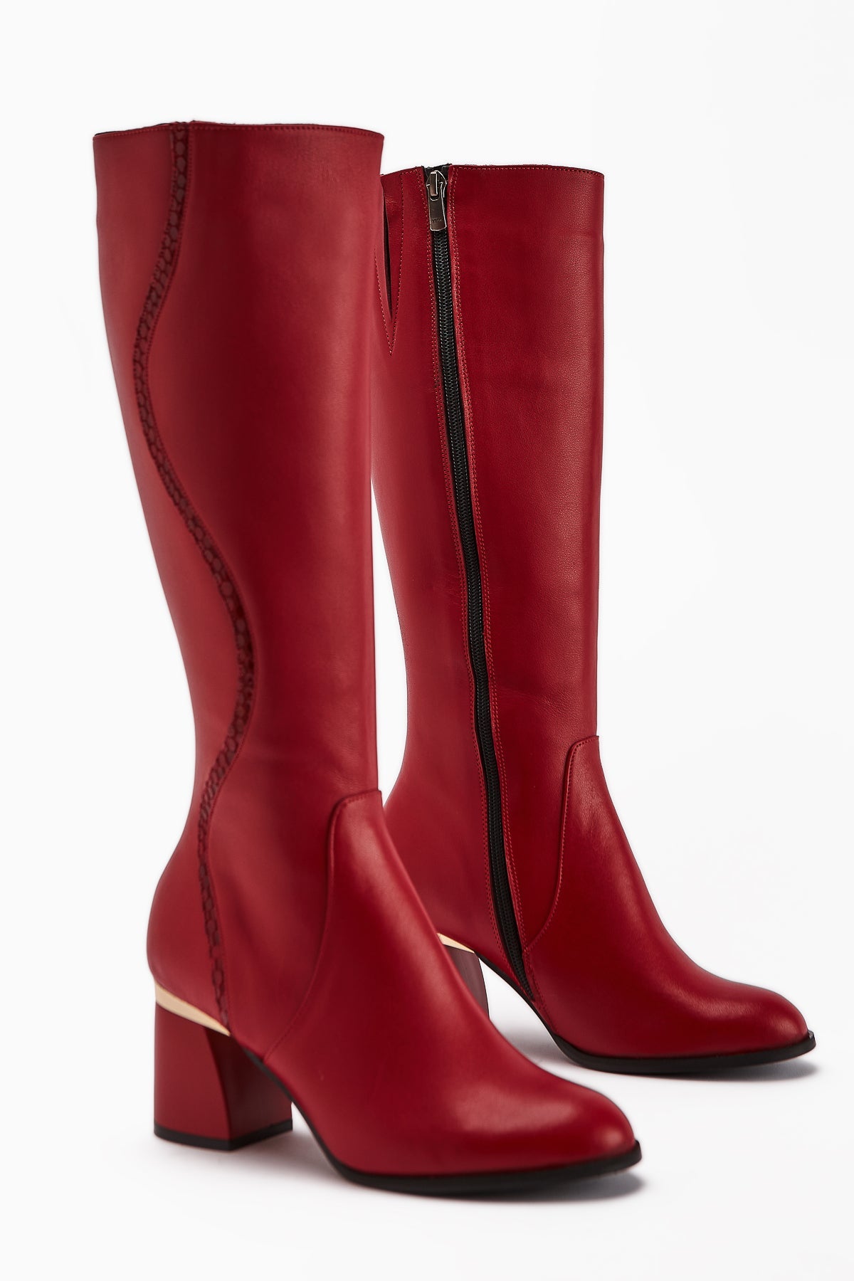 Kaylin – Genuine Leather Red Snake-Print Detail Heeled Knee-High Boot (Women)