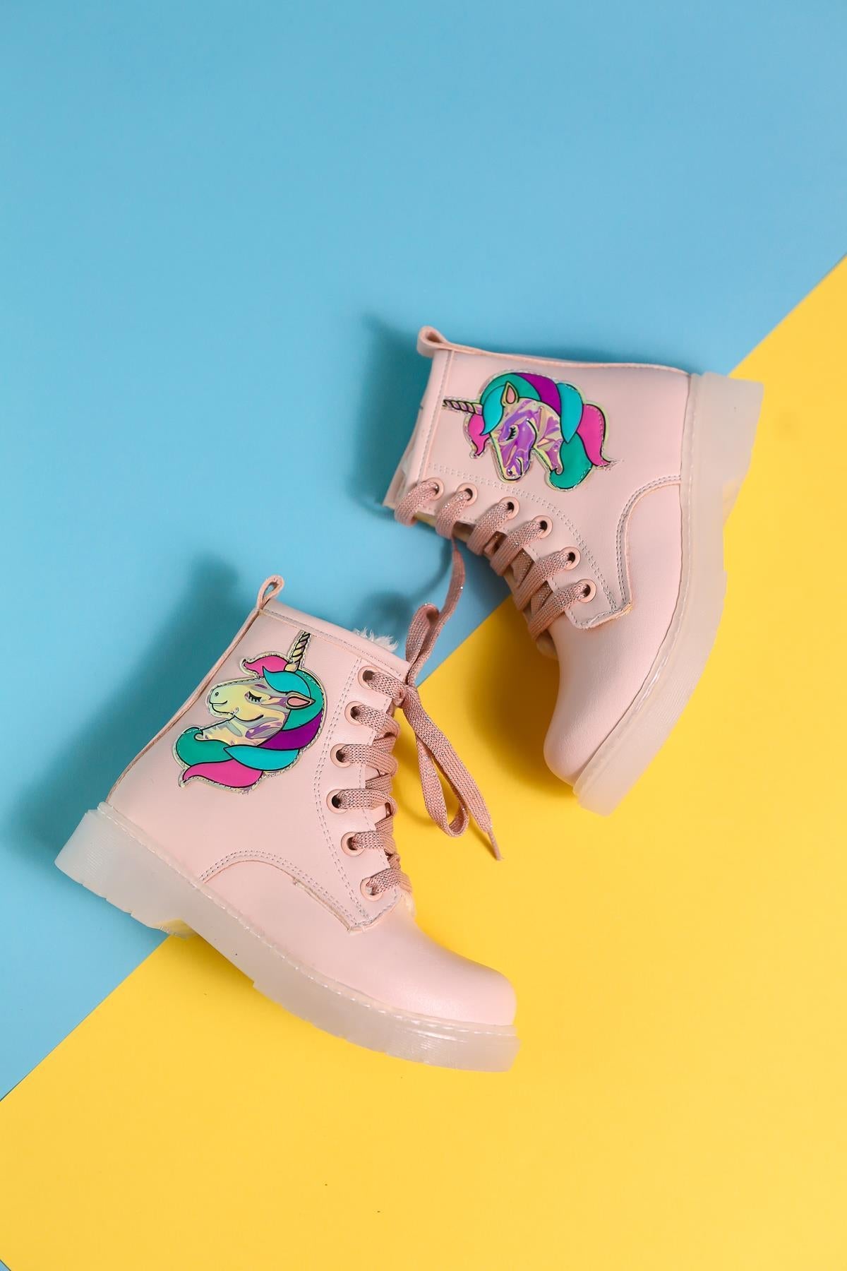 Jolene Powder Pink Unicorn Patch Light-Up Lace-Up Kids' Boots