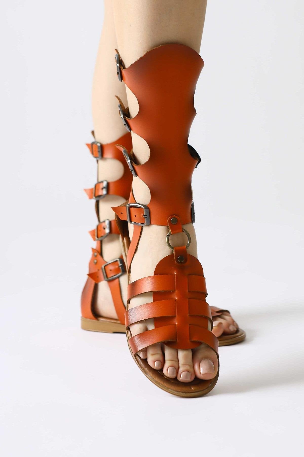 Baisa Genuine Leather Flat Sandals in Orange with Buckle Detail