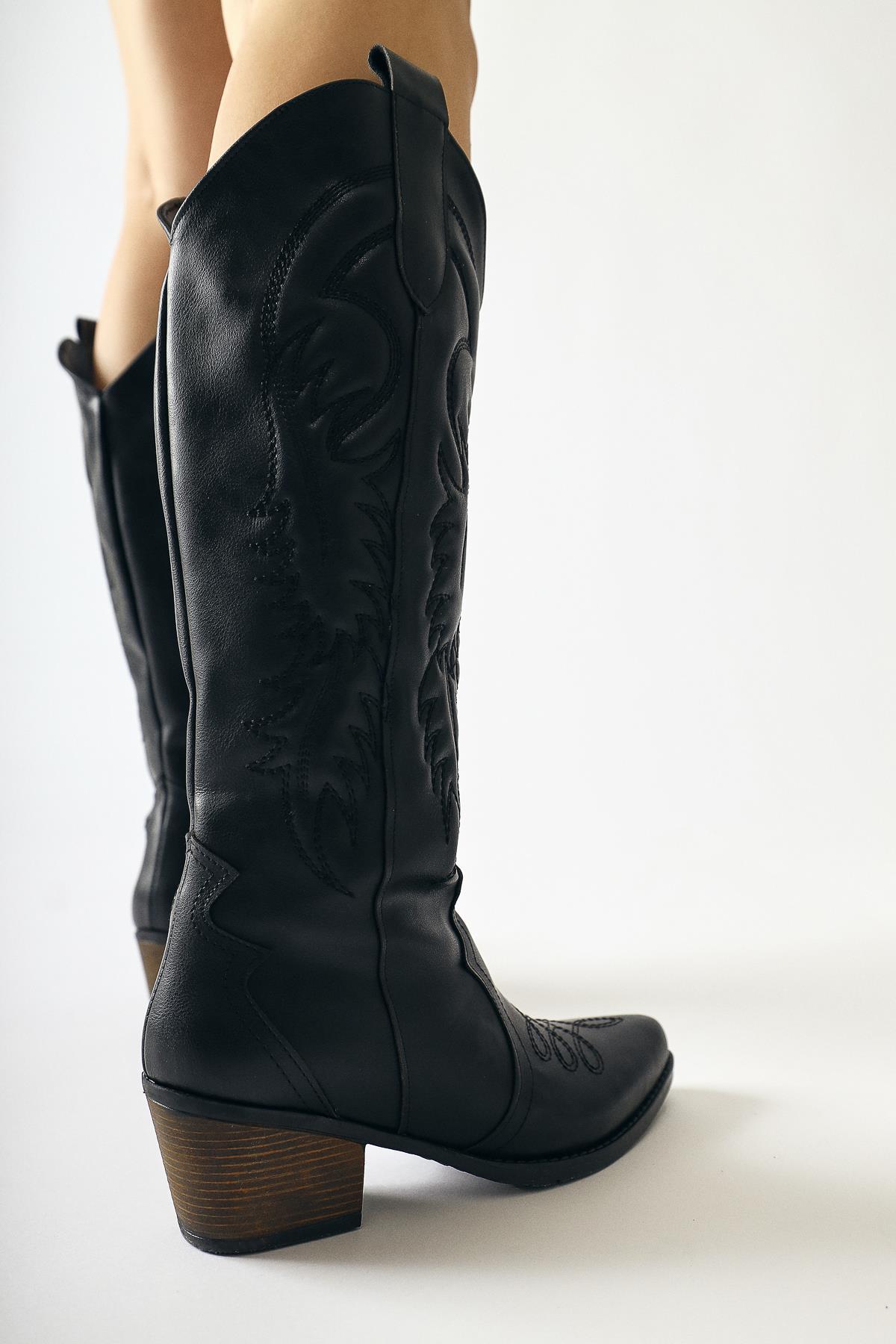 Florida – Black Embroidered-Detail Pointed-Toe Western Knee-High Boot (Women)
