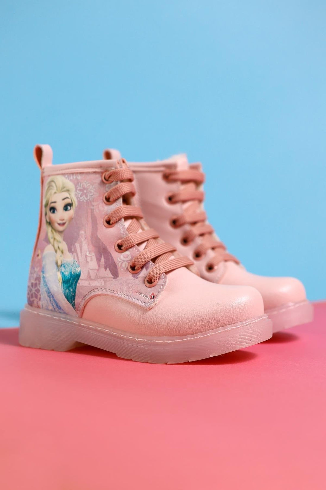 Lyan Powder Pink Striped Character Print Lace-Up Kids Boots