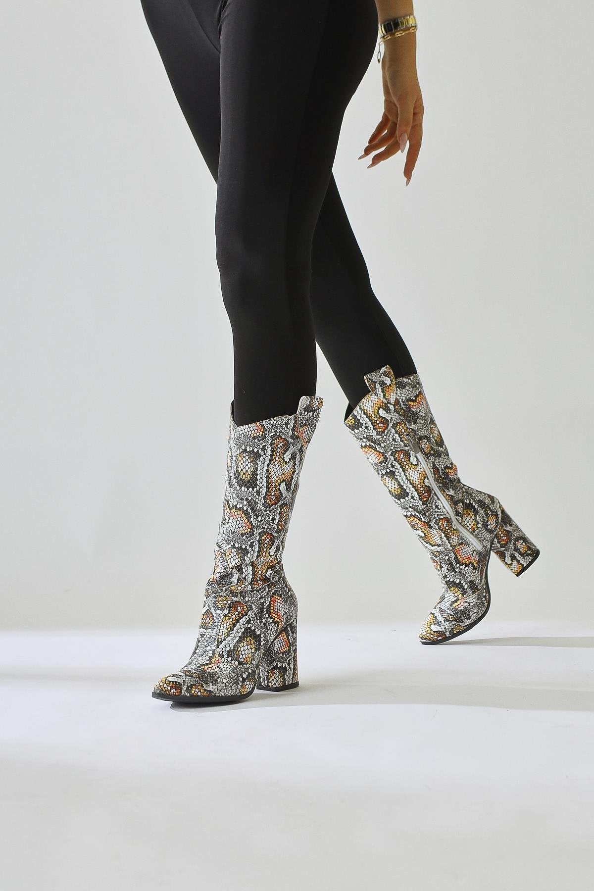 Keri Snake Print Asymmetric Cut Heeled Ankle Boot