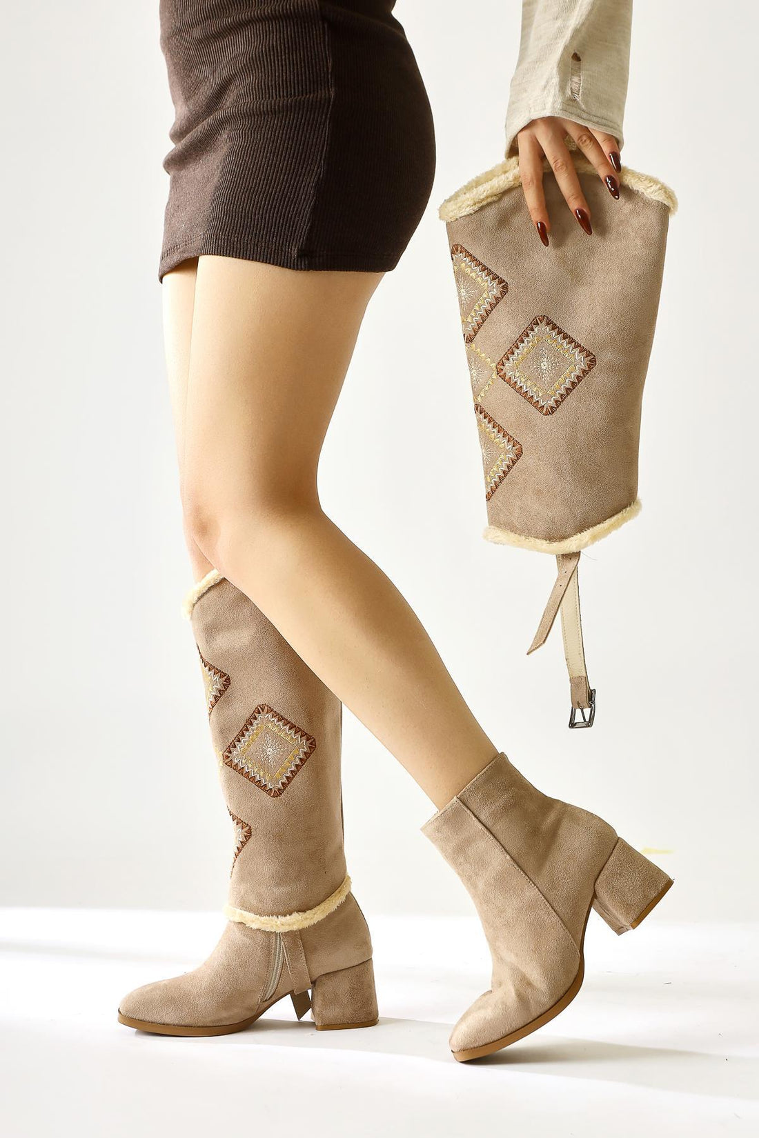 Hilka Mink Suede Ethnic Patterned Boot with Removable Tassel