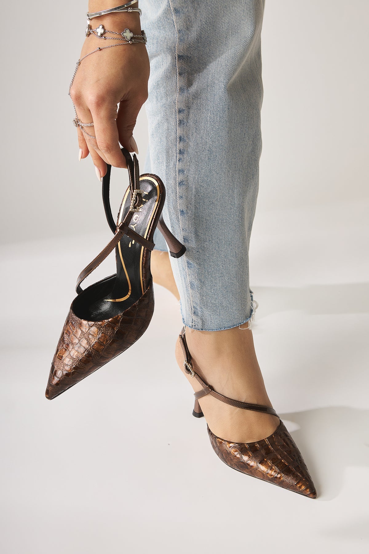 Sarah – Genuine Leather Brown Croc-Embossed Pointed-Toe Heeled Shoe (Women)