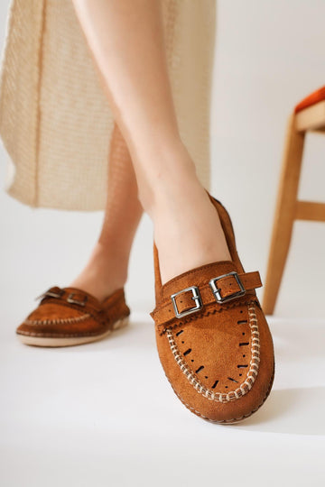 Vidya – Cognac Suede Laser-Cut Double-Buckle-Detail Heeled Ballet Flat (Women)