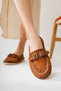 Vidya – Cognac Suede Laser-Cut Double-Buckle-Detail Heeled Ballet Flat (Women)