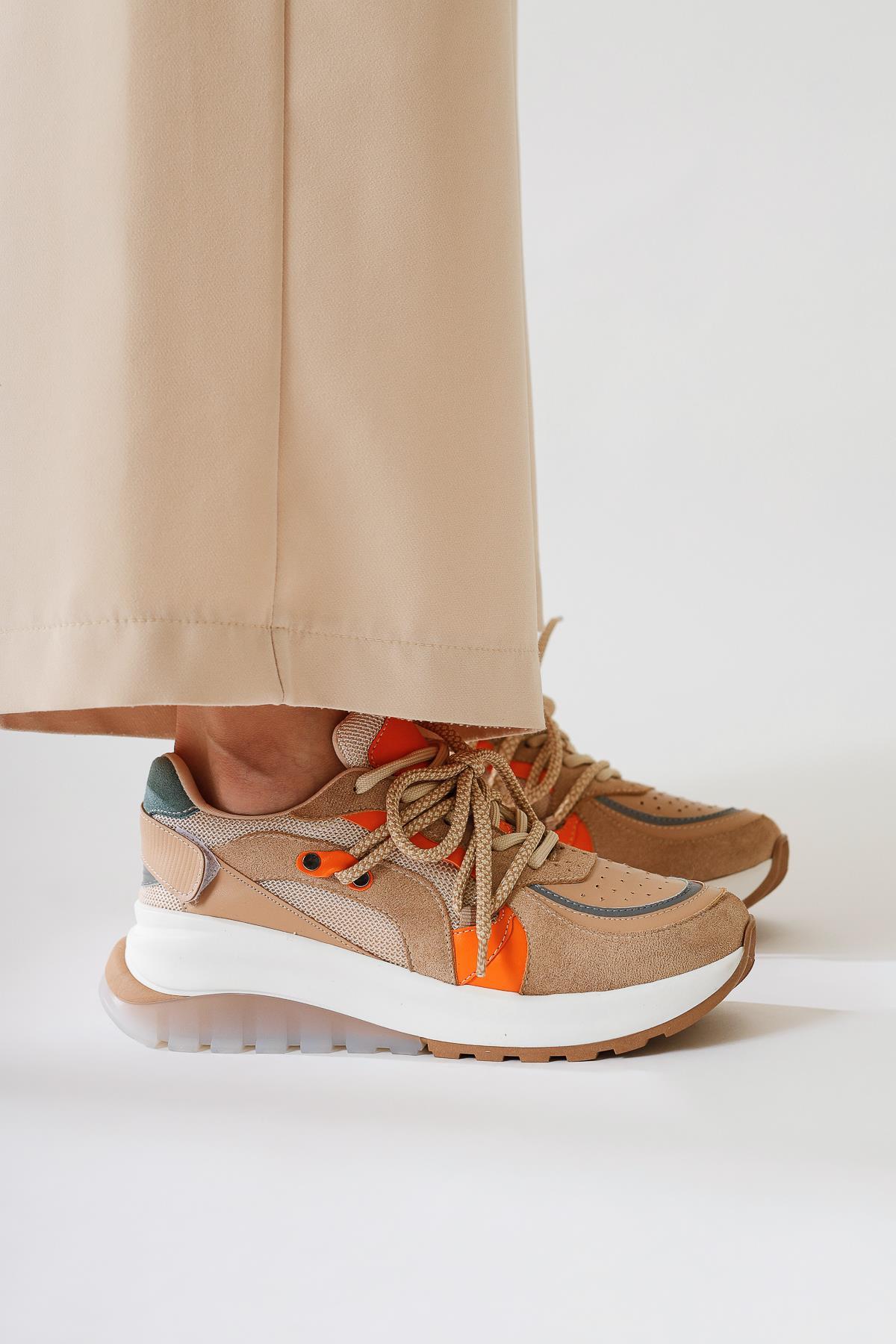 Takako Beige Suede-Leather Lace-Up Sport Shoes