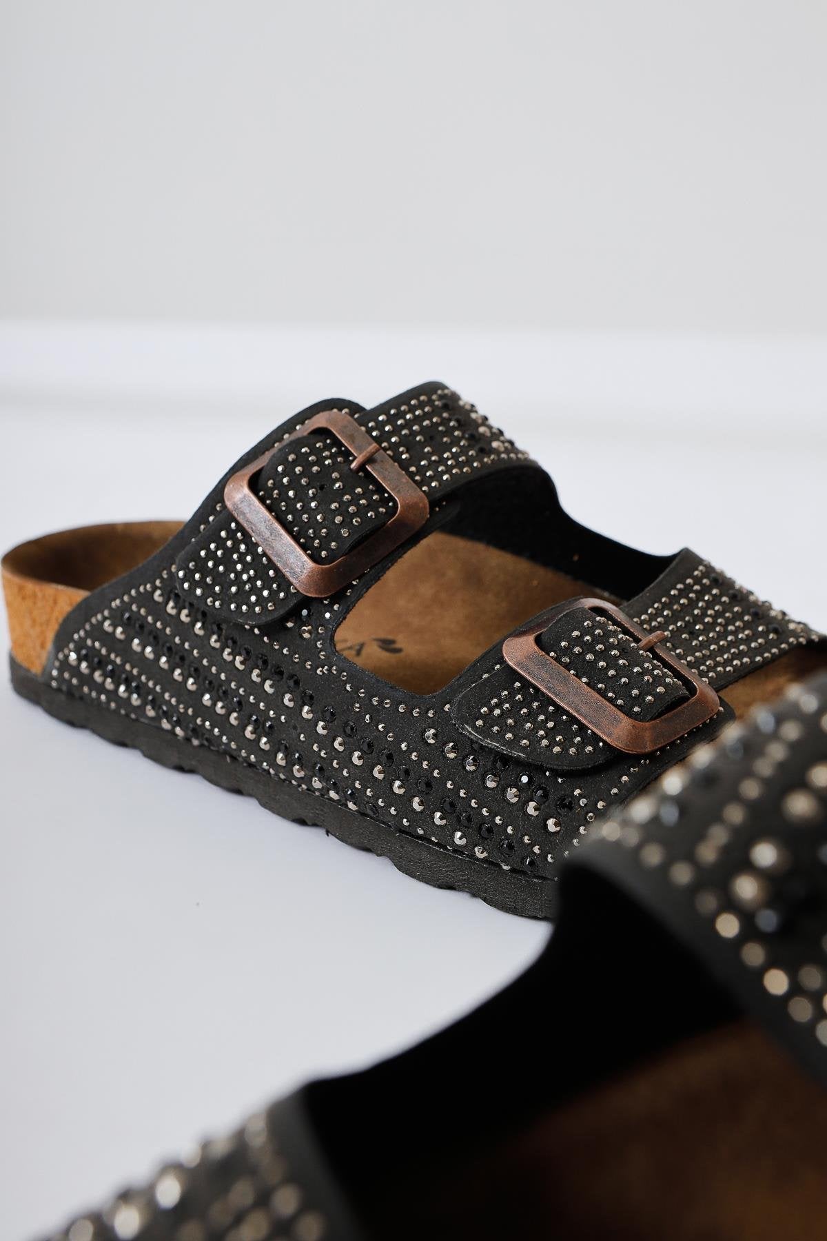 Aire Black Double Strap Gemstone Detail Slipper