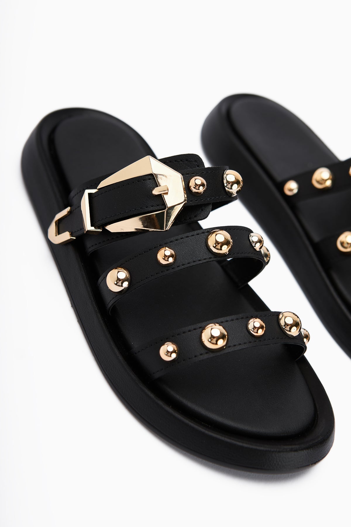 Wiola Black Pearl Detail Buckled Comfort Women's Slipper