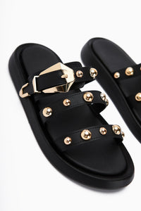 Wiola Black Pearl Detail Buckled Comfort Women's Slipper