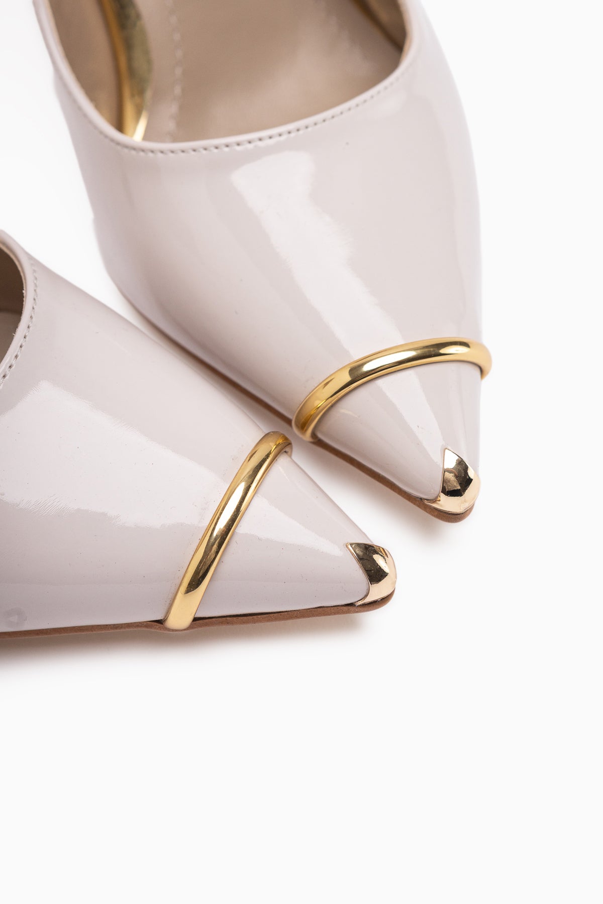 Lelia Beige Patent Leather Metal Toe Detailed Women’s Heeled Shoes