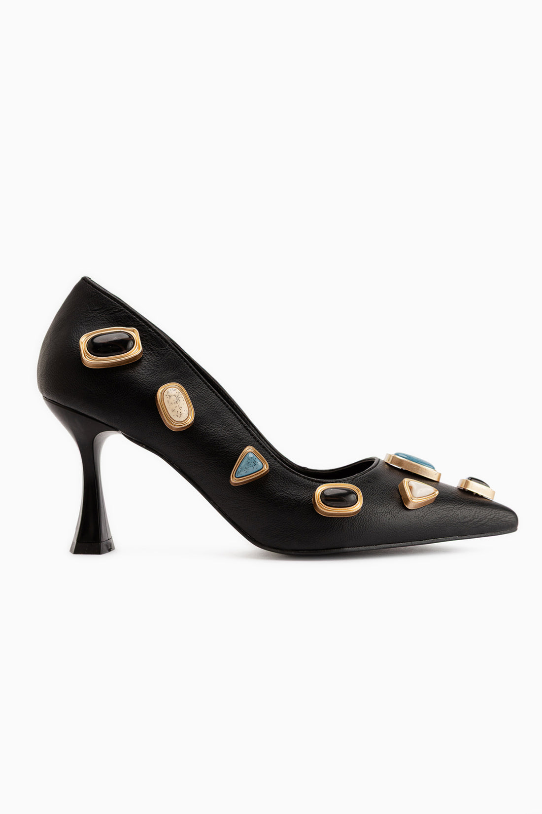 Rina Black Stone Accessory Pointed Toe Women’s Heeled Shoes