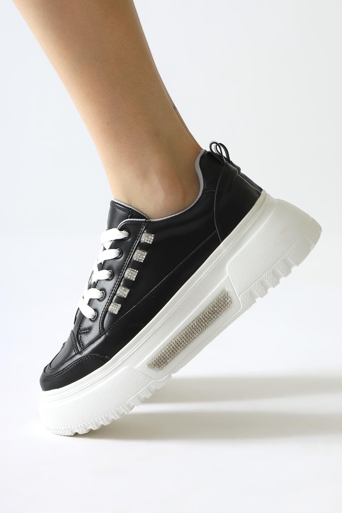 Tram Black Thick Sole Sneakers with Stone Detail and Laces