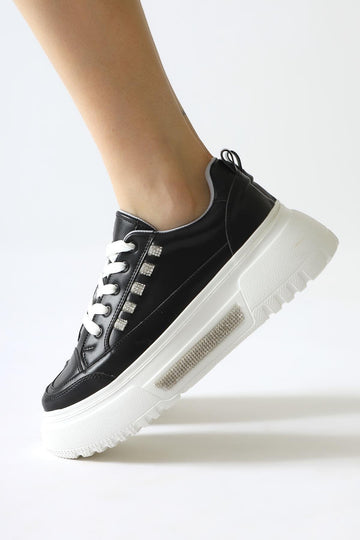 Tram Black Thick Sole Sneakers with Stone Detail and Laces