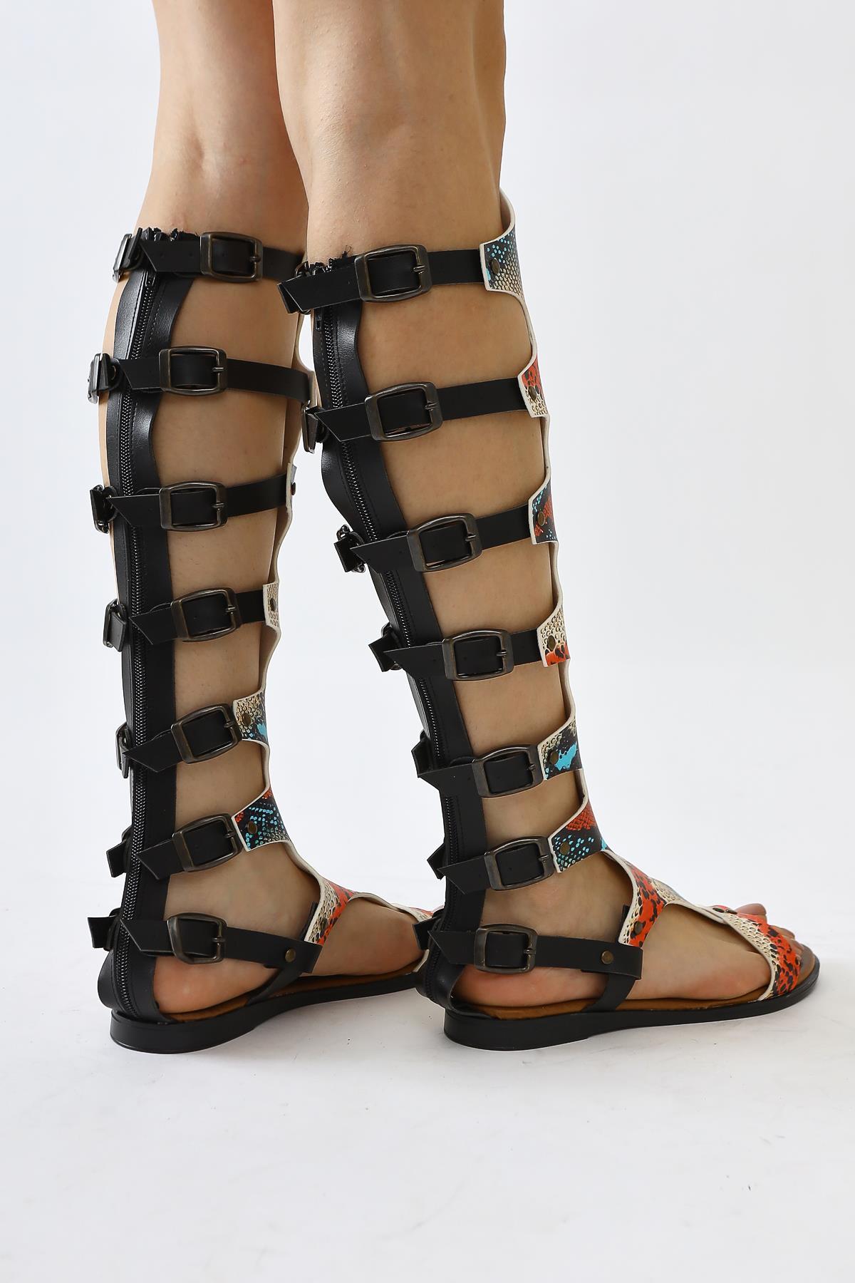 Lilith Genuine Leather Black-Multi Snake Skin Patterned Knee-High Gladiator Sandals