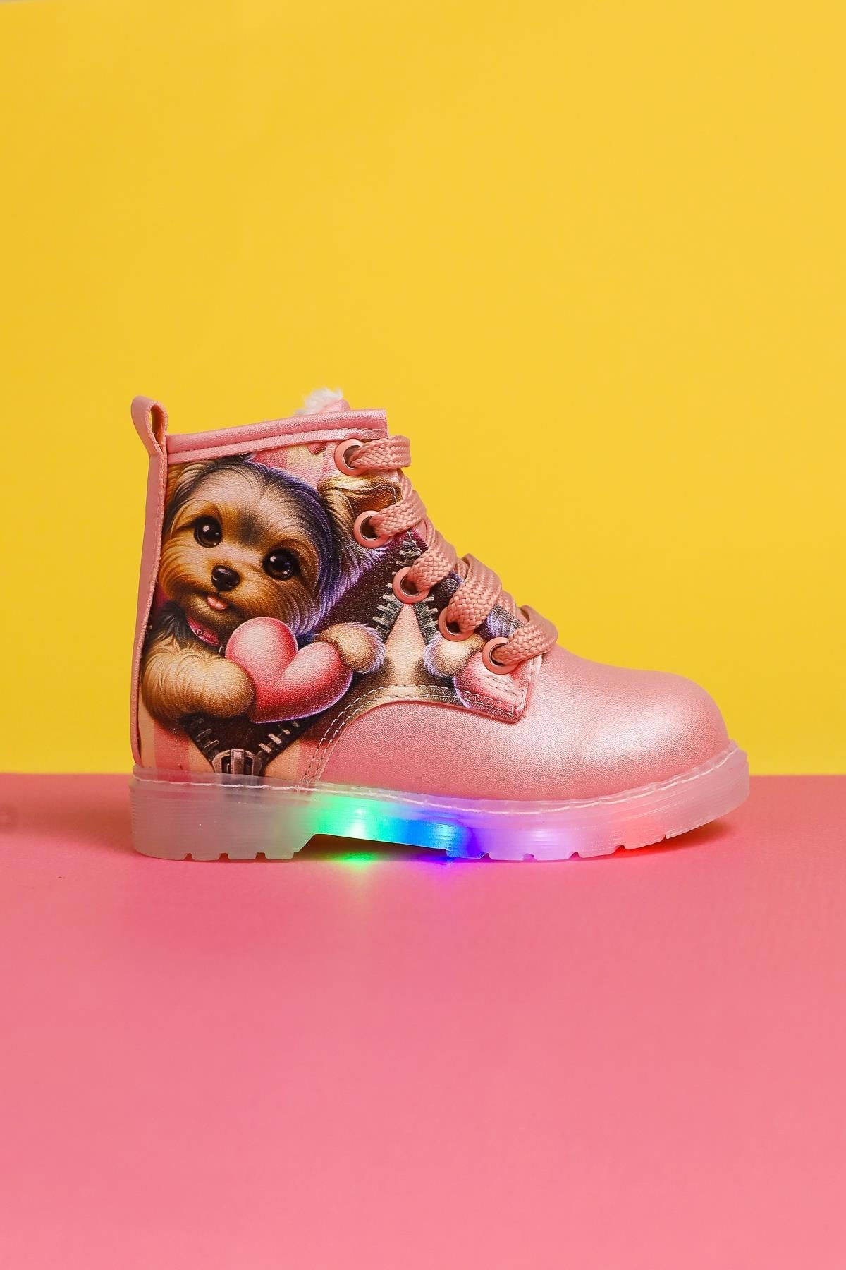 Jannice Pink Cartoon Character Print Light-Up Lace-Up Baby Boots