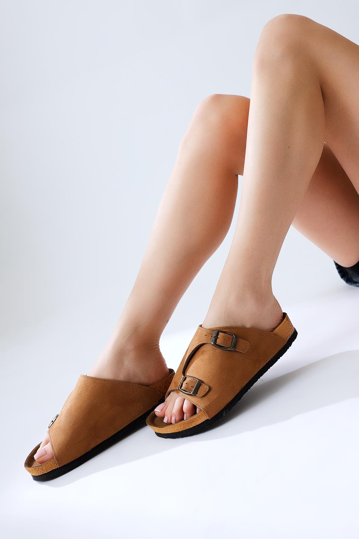 Christella Taba Suede Slippers with Double Buckle Details