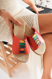 Nicola Genuine Leather Red Slide with Colorful Buckle and Straw Sole