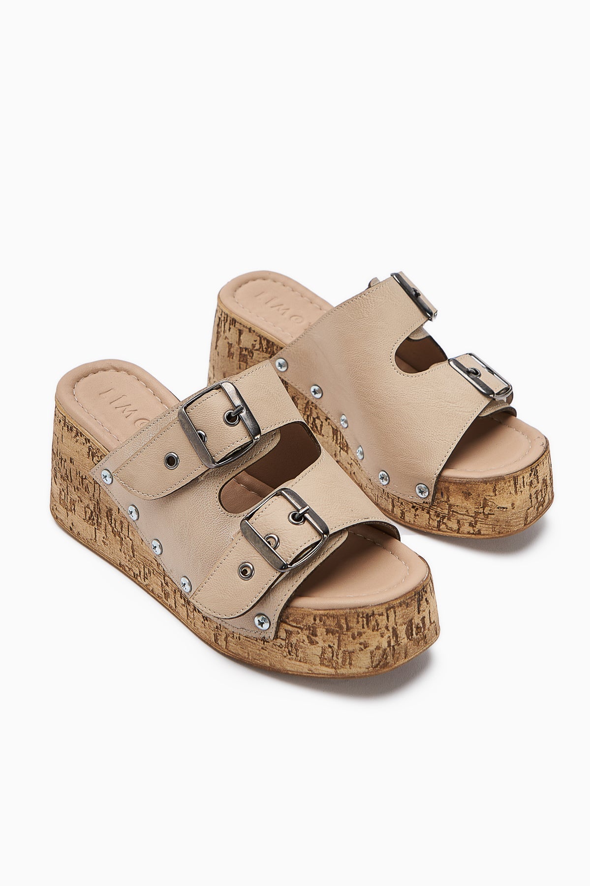 Ratka Beige Double-Strap Platform Heeled Women's Slippers