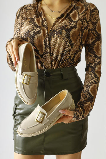 Arnesa Beige Patent Leather Everyday Shoe with Buckle Detail