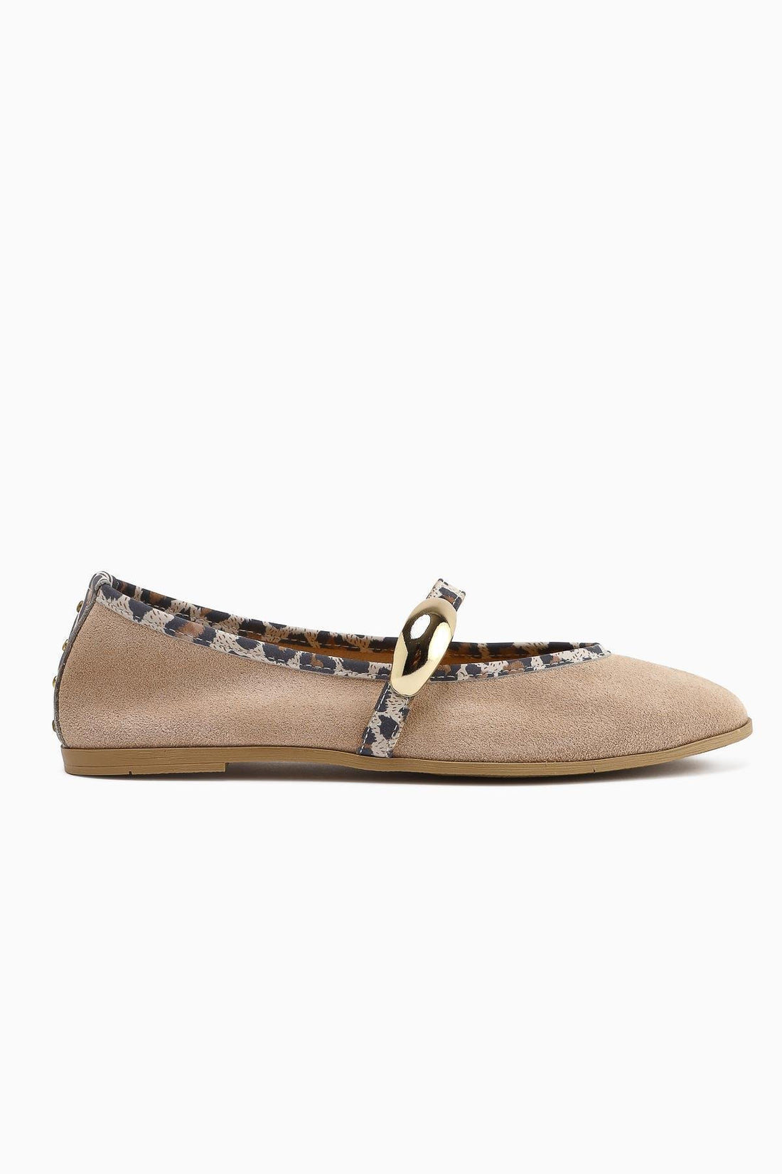 Genuine Leather Aliana Beige Suede Buckled Leopard Detailed Women’s Ballet Flats