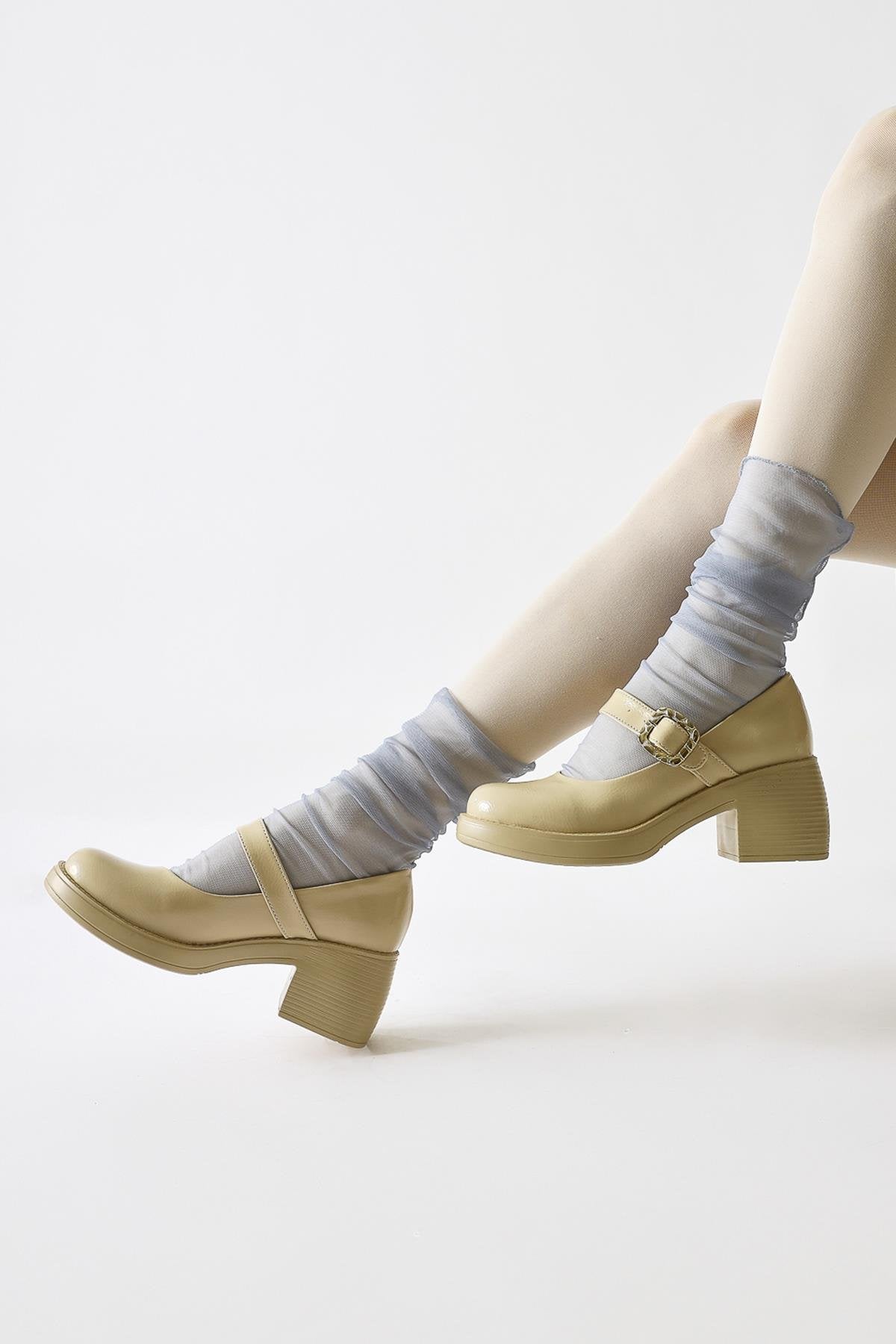 Jessi Beige Patent Single Strap Buckle Detail Oval Toe Casual Shoe