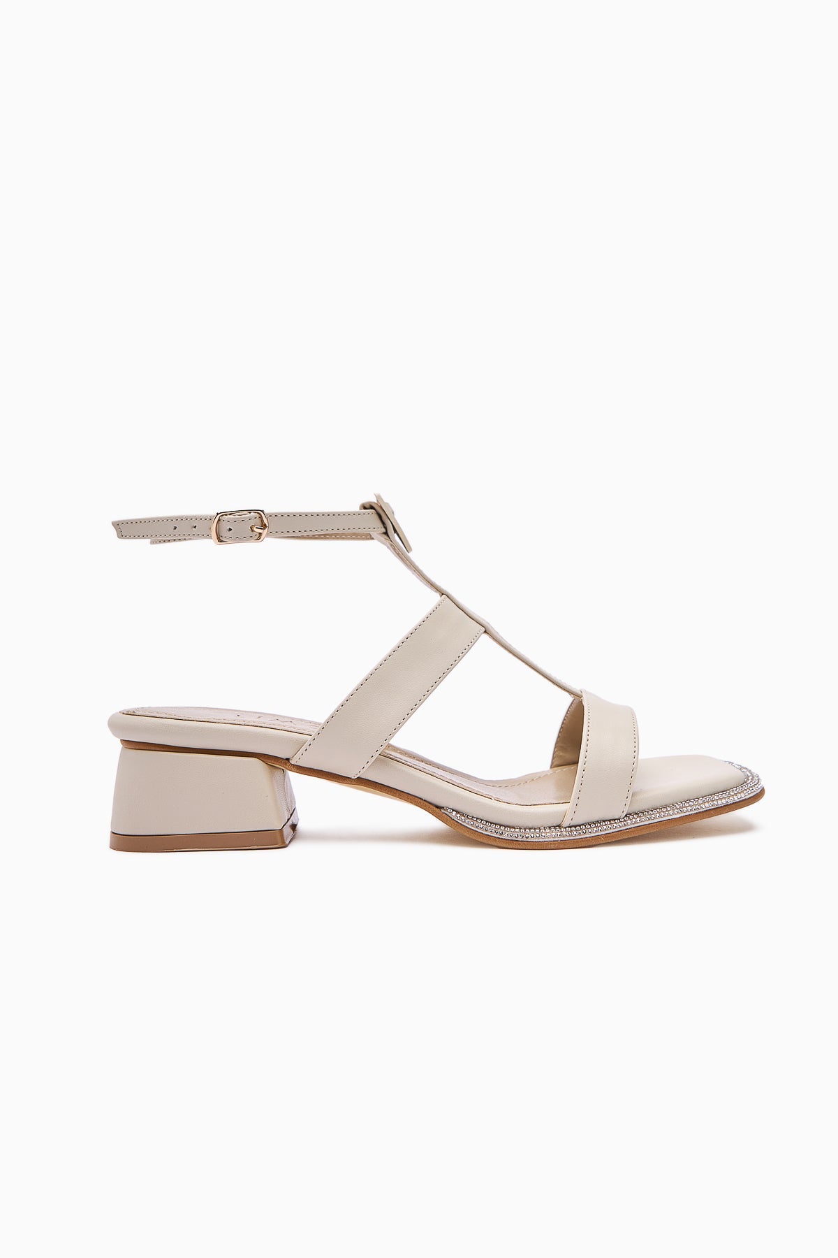 Shara Beige Stone Detail Low-Heeled Women's Sandal