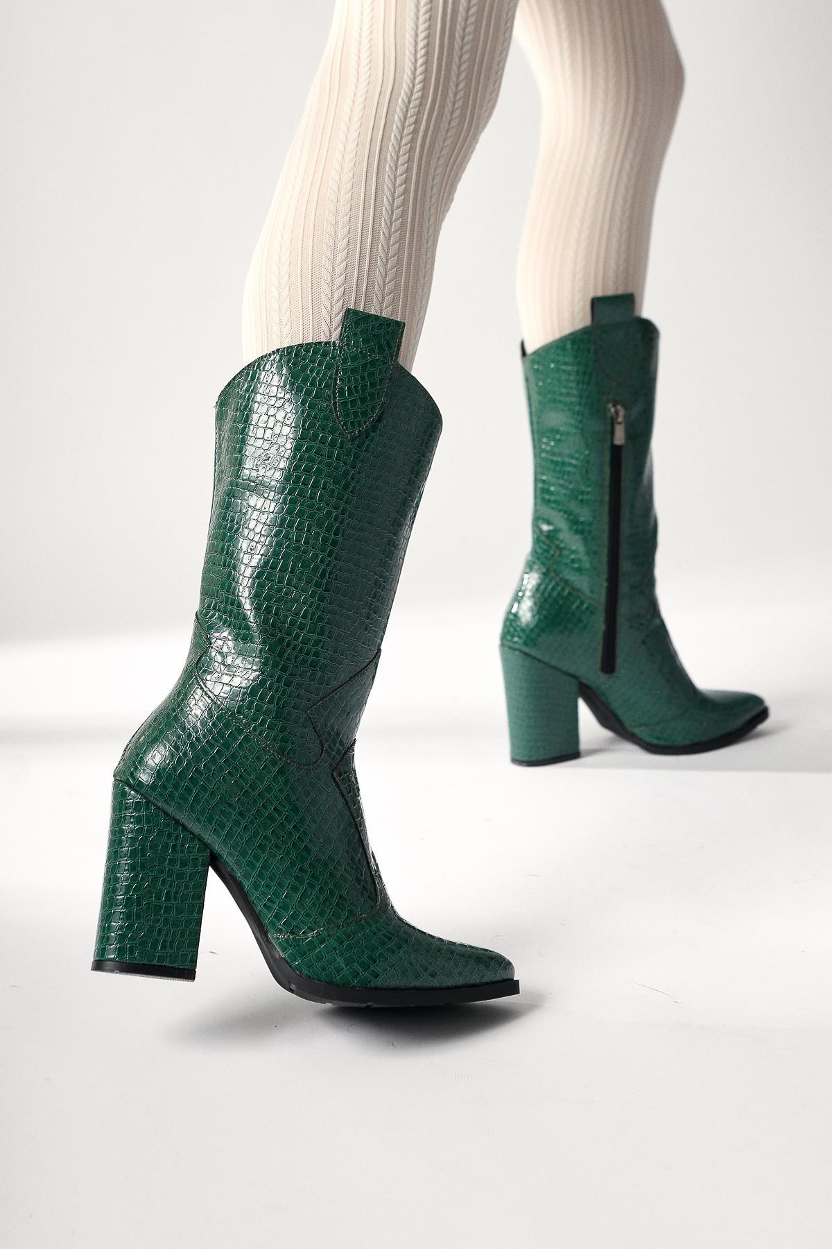Keri Green Crocodile Asymmetric Cut Heeled Ankle Boot