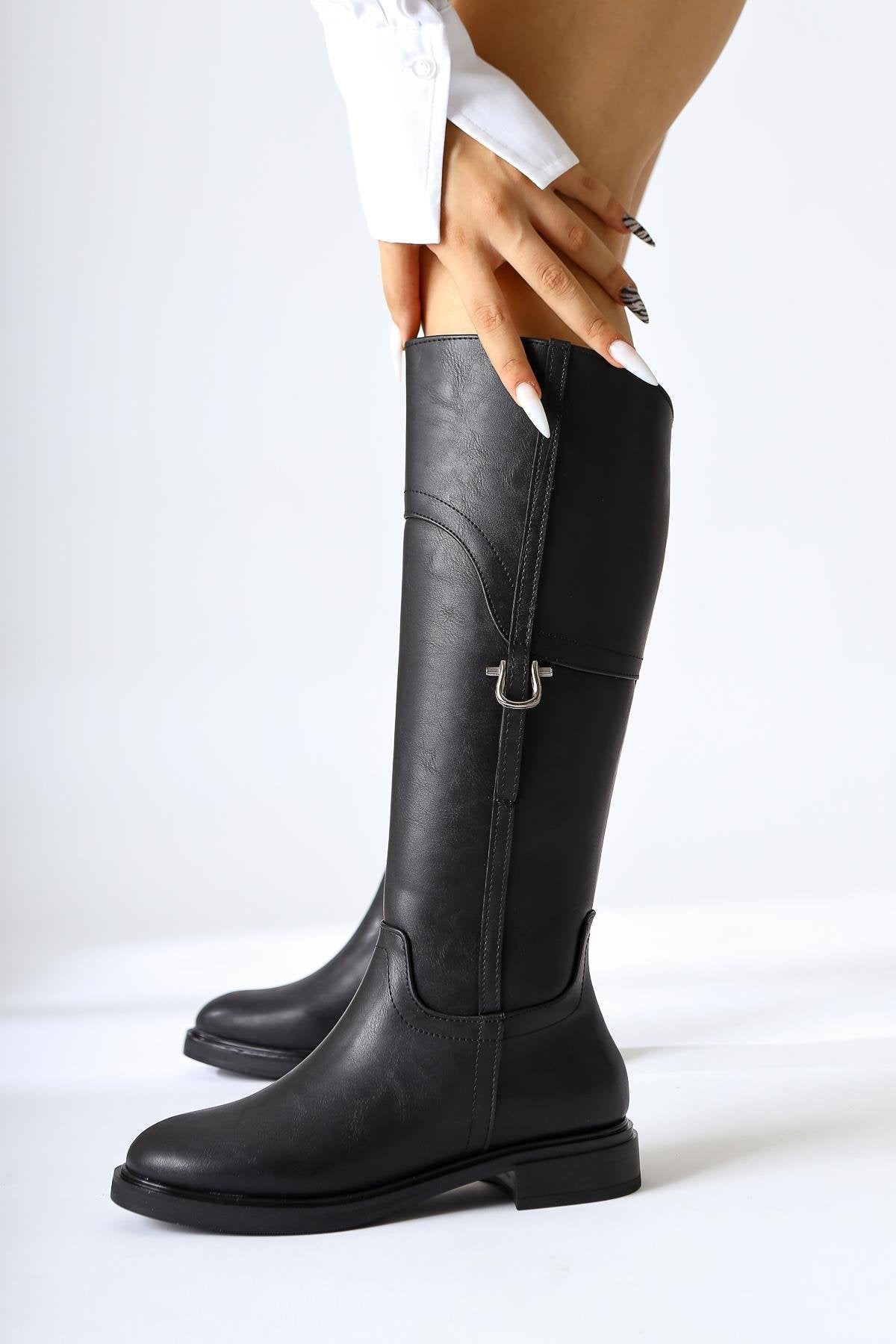 Caterine – Black Buckle-Detail Low-Heel Knee-High Boot (Women)