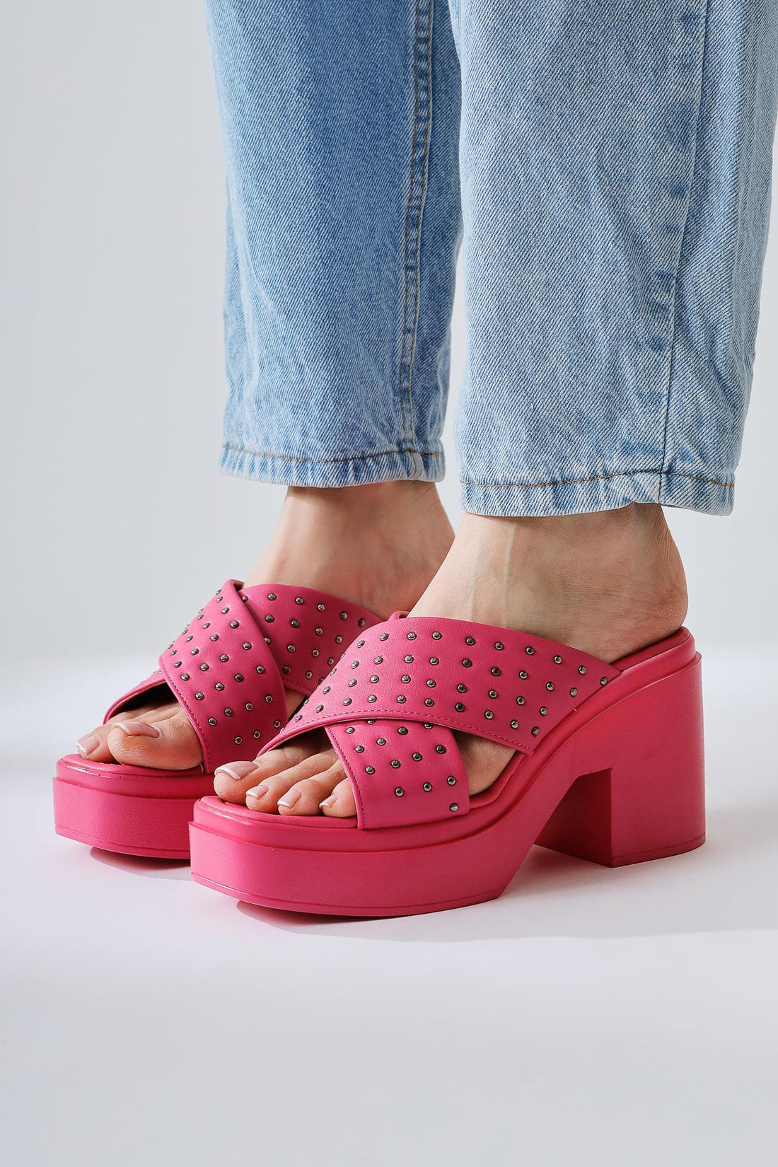 Zion Fuchsia Thick Cross-Strap Studded Platform Slipper