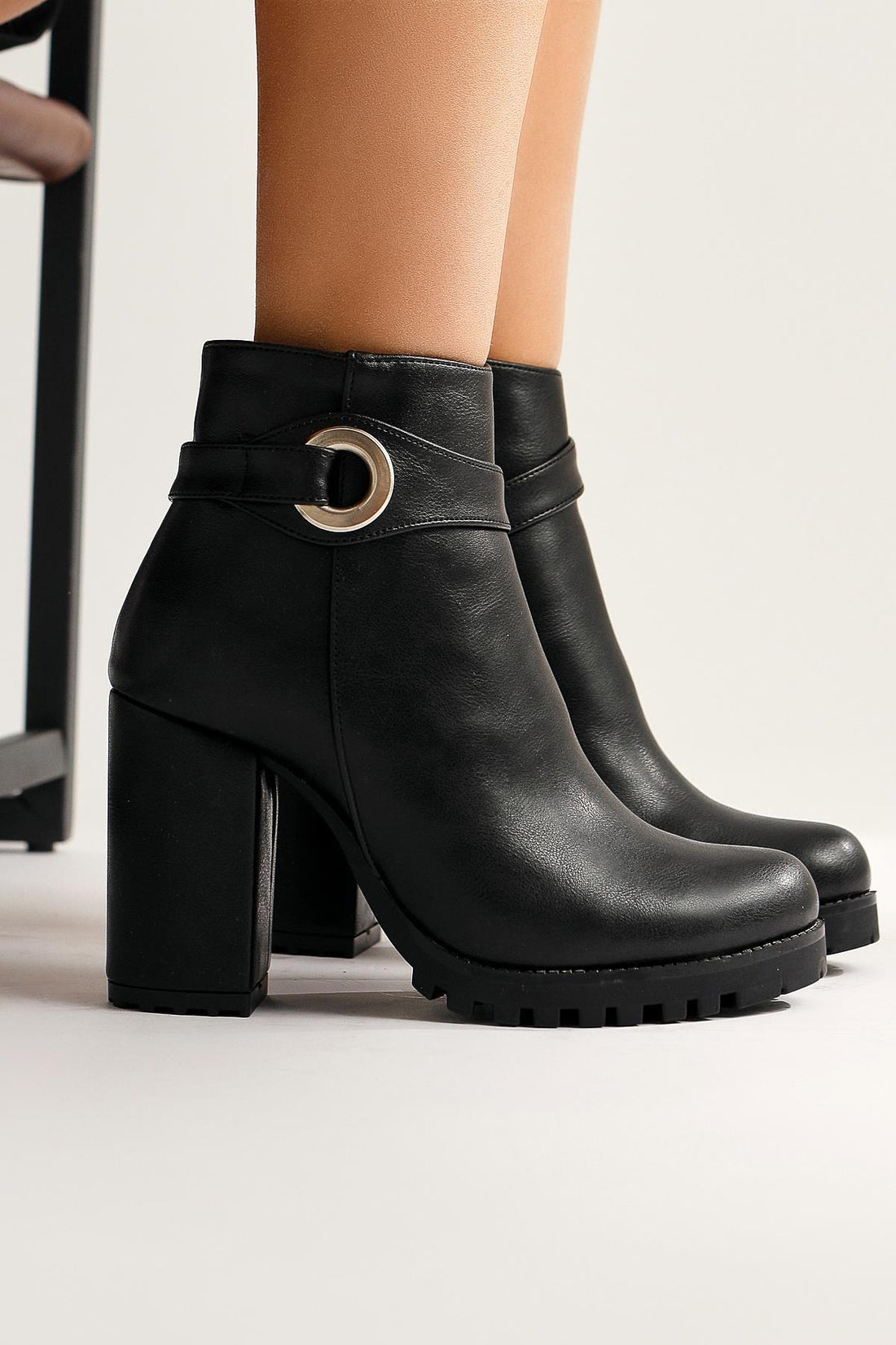 Destina – Black Oval-Toe Ankle-Accessory Heeled Boot (Women)