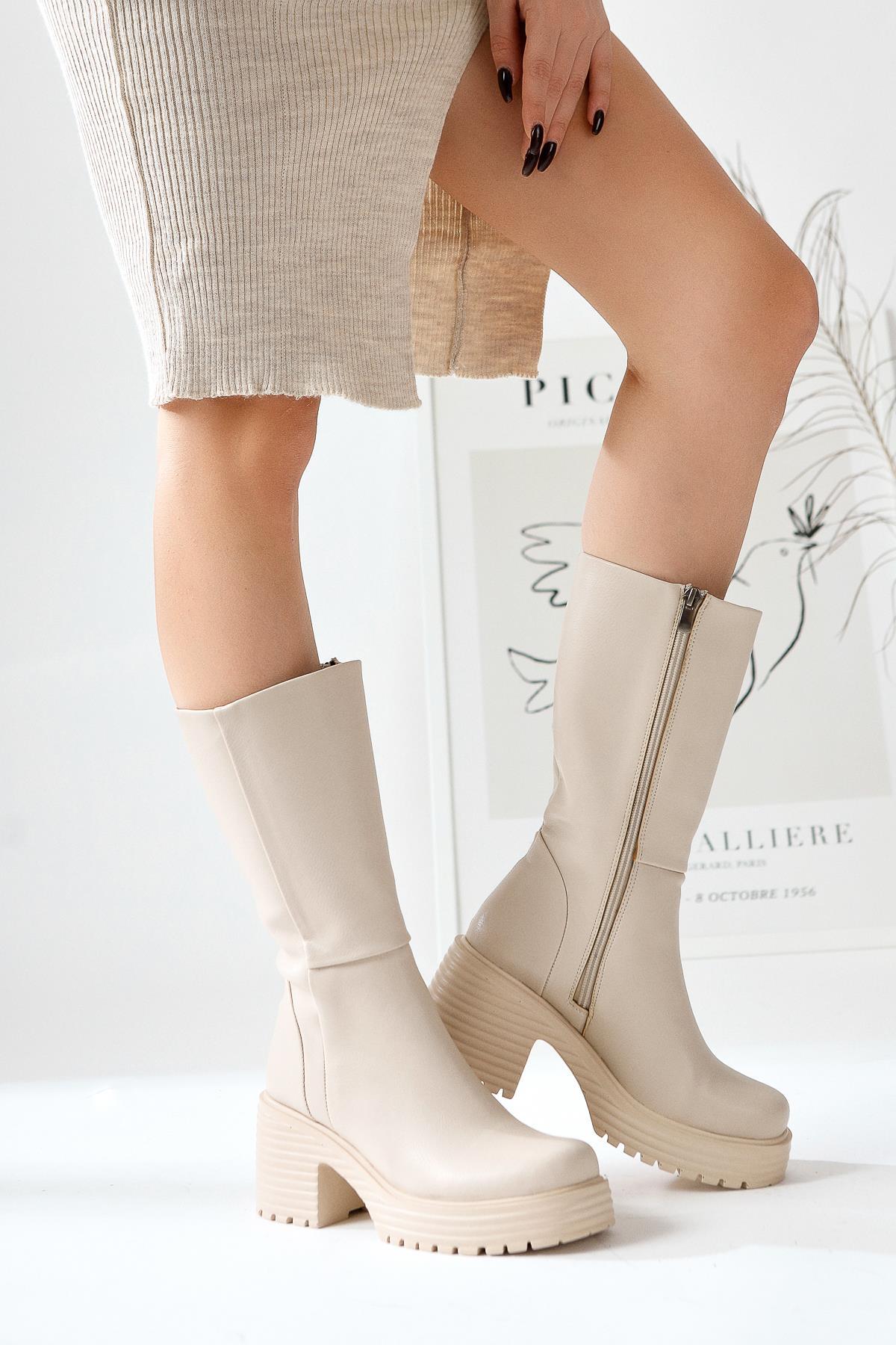 Roseann – Beige Thick-Sole Platform Tall Boot (Women)