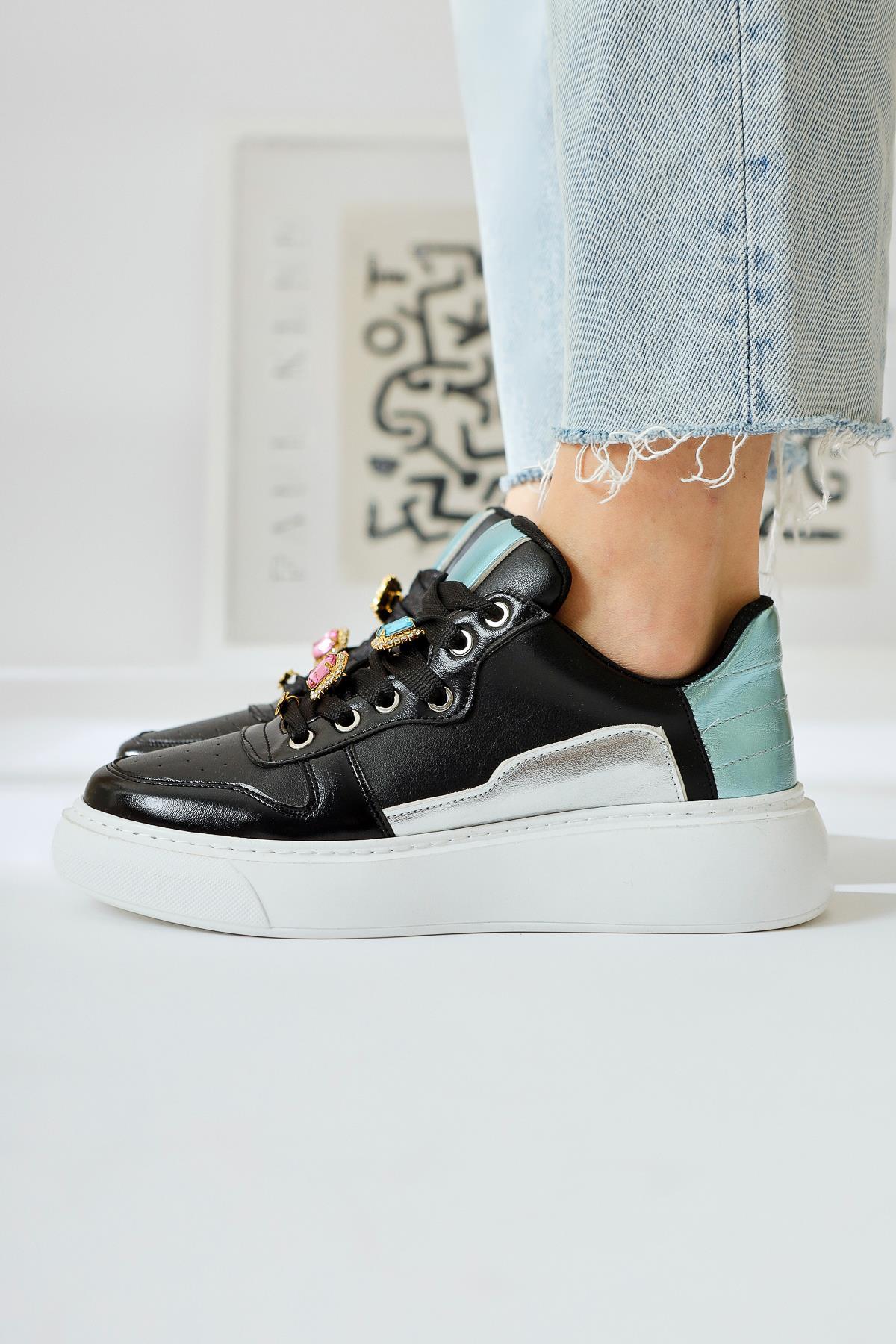 Deena Black Chunky Sole Stone Detail Sneakers