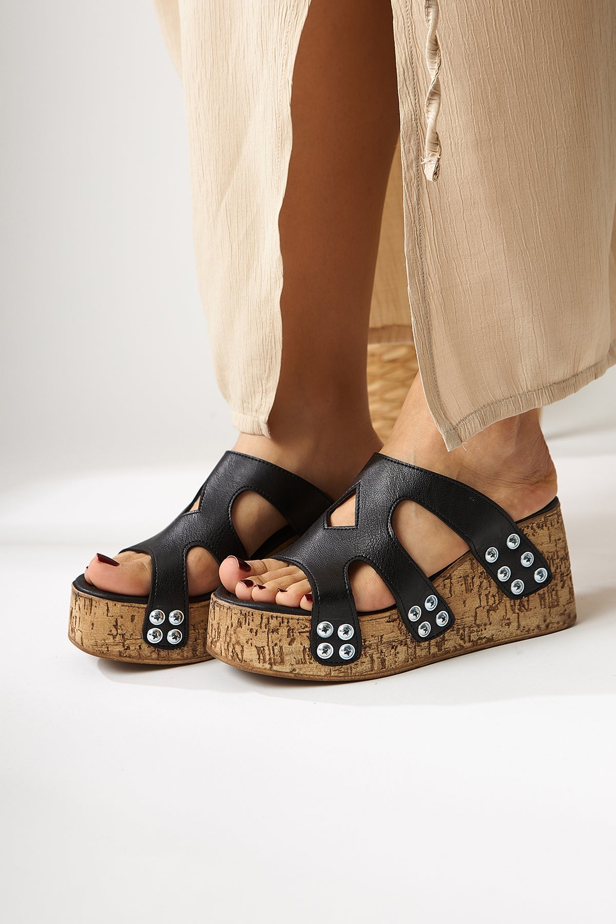 Freya Black Slide with Screw Detail