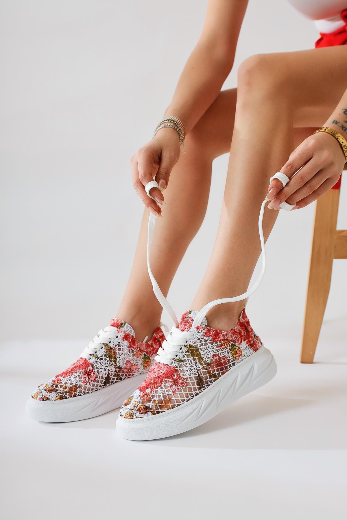 Biba Red Knit Pattern Printed Lace-Up Sneakers