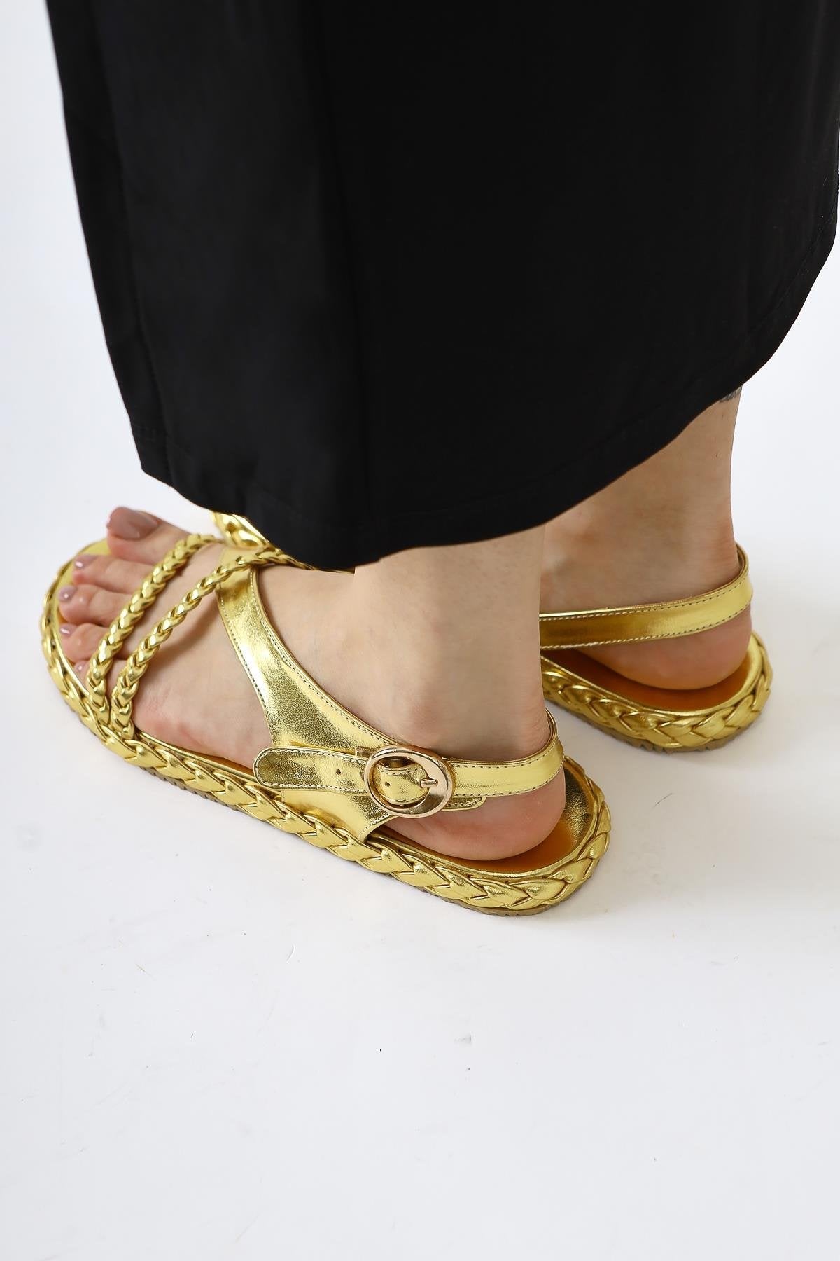 Nera Gold Patent Woven Strap Sandals