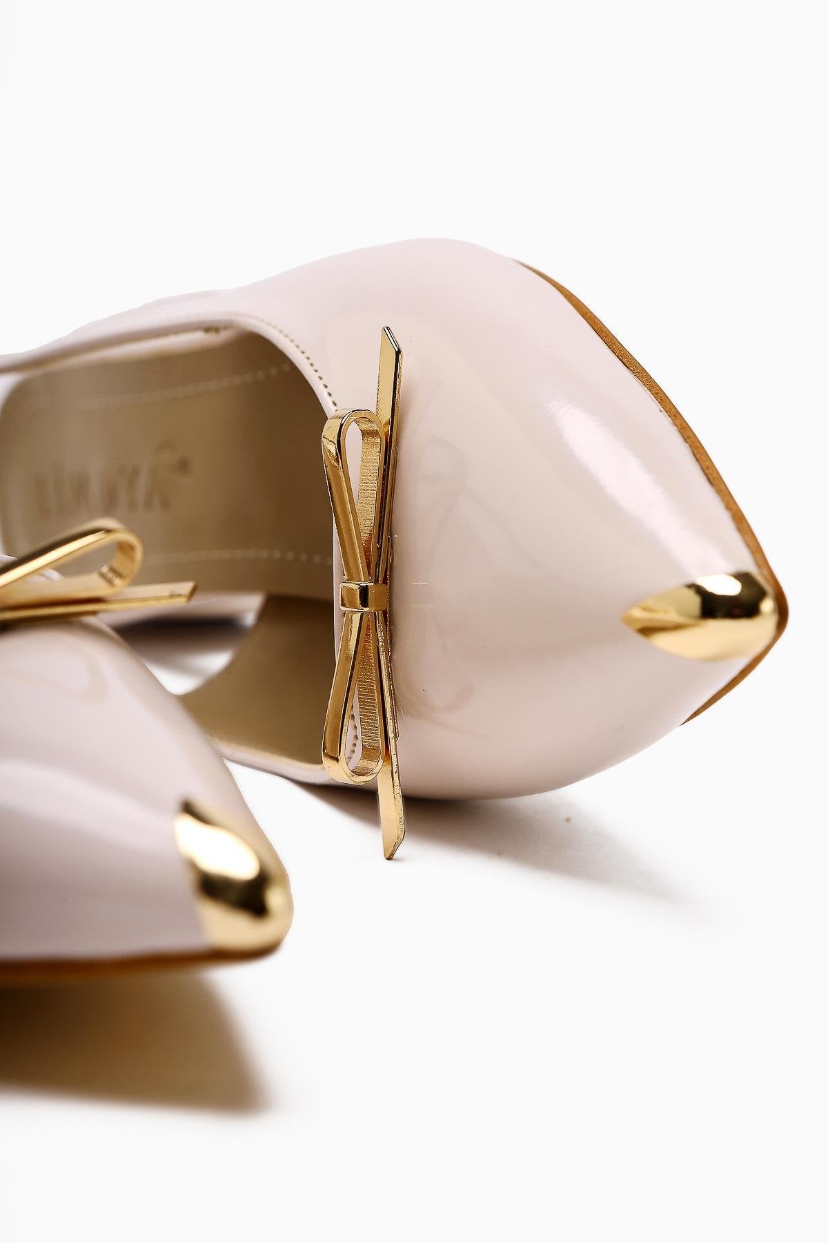 Noella Beige Patent Pointed Toe Metallic Bow Short Heeled Women’s Shoes