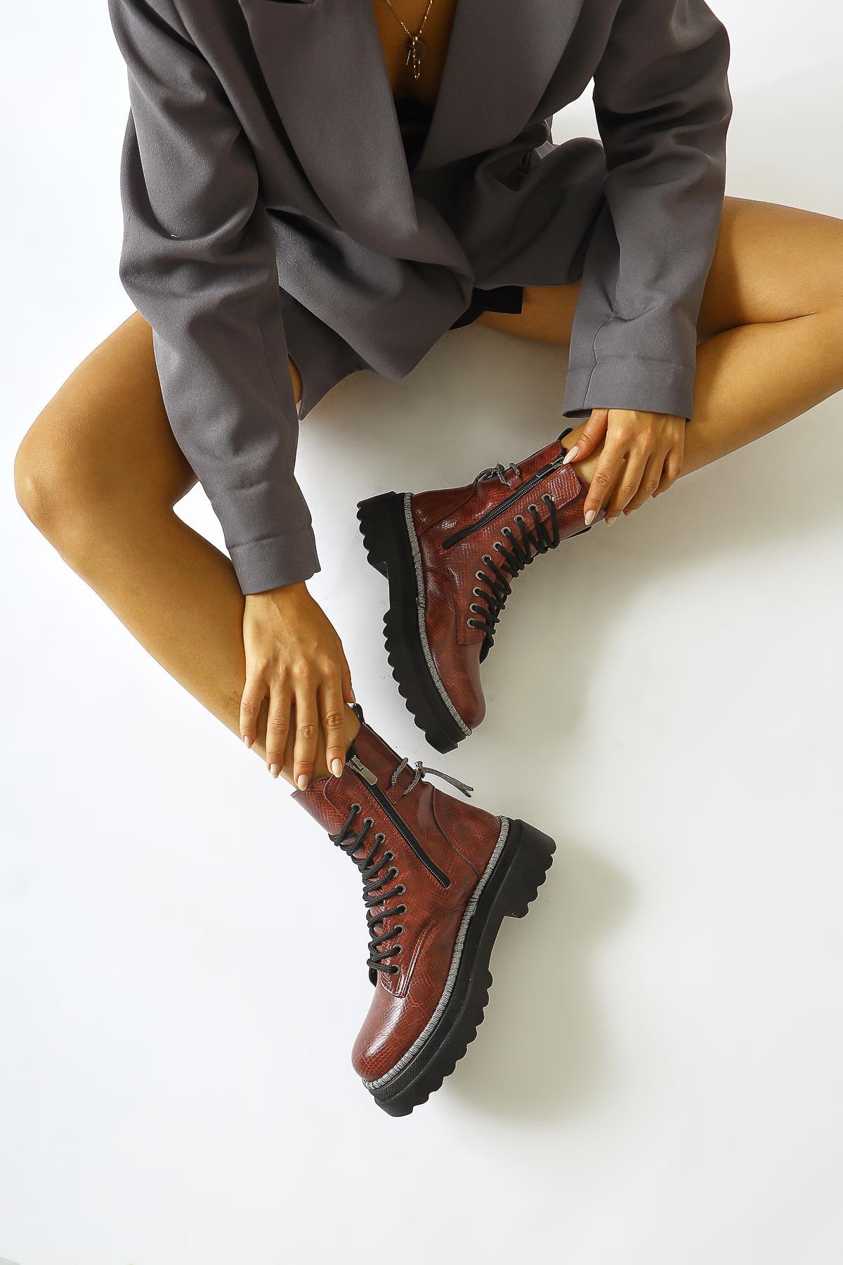 Dylan – Burgundy Shiny-Piped Ankle-Strap Combat Boot (Women)
