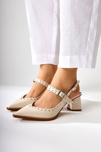 Nuria Women's Pointed Toe Strappy Sandal in Beige Patent