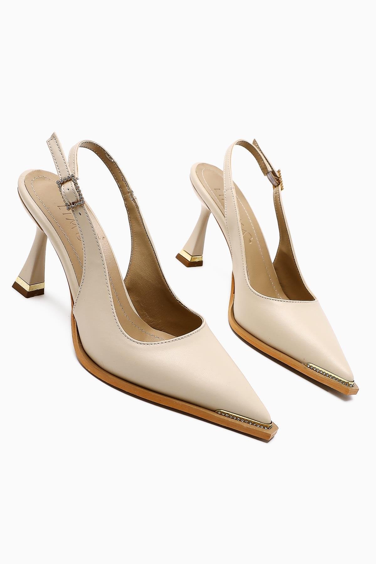 Vita Beige Stone Detailed Closed Toe Women’s Heeled Shoes
