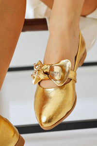 Joselin Gold Crinkled Patent Leather Ballet Flat with Bow Accessory