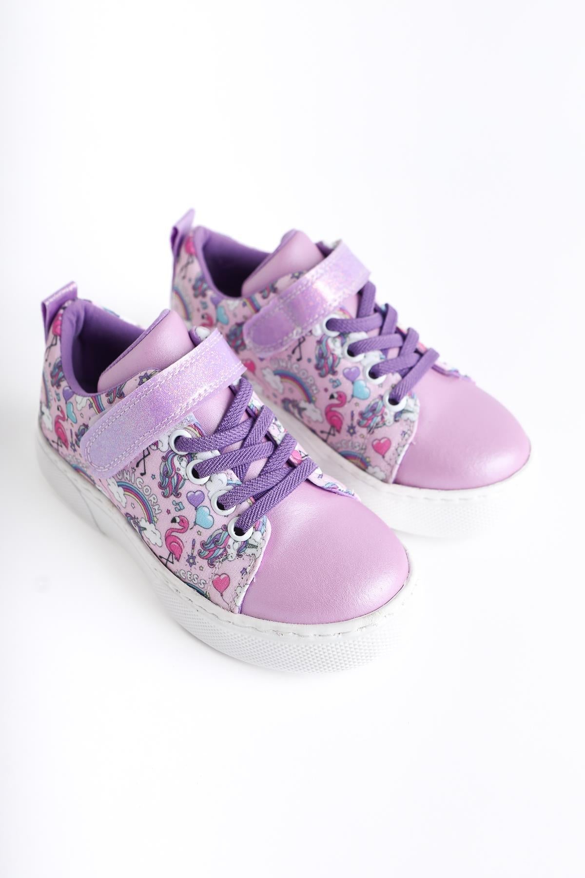 Lana Purple Striped Character Print Lace-Up Velcro Detail Kids' Athletic Shoe