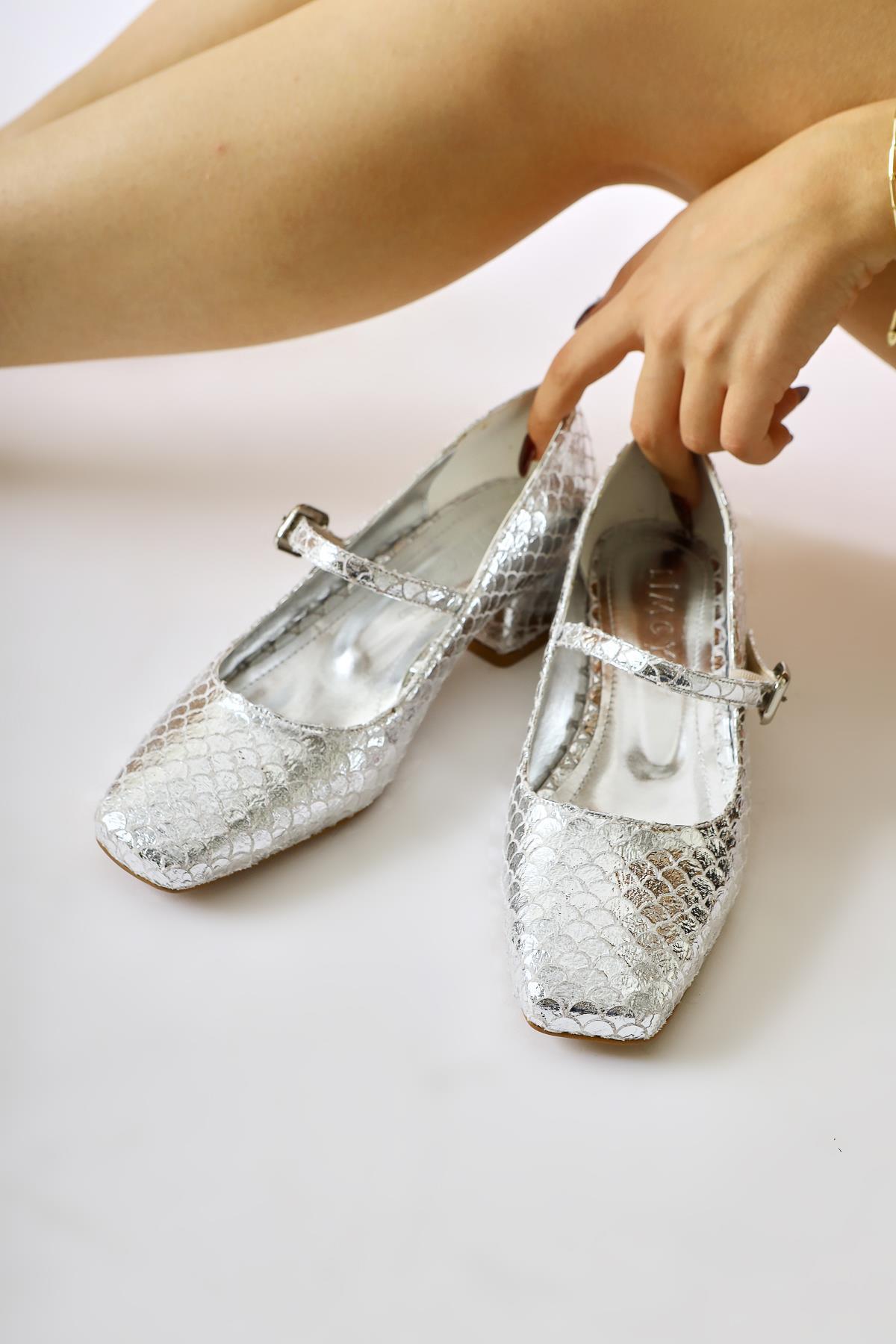 Abby Silver Fish Scale Textured Square Toe Buckle Detail Everyday Shoe