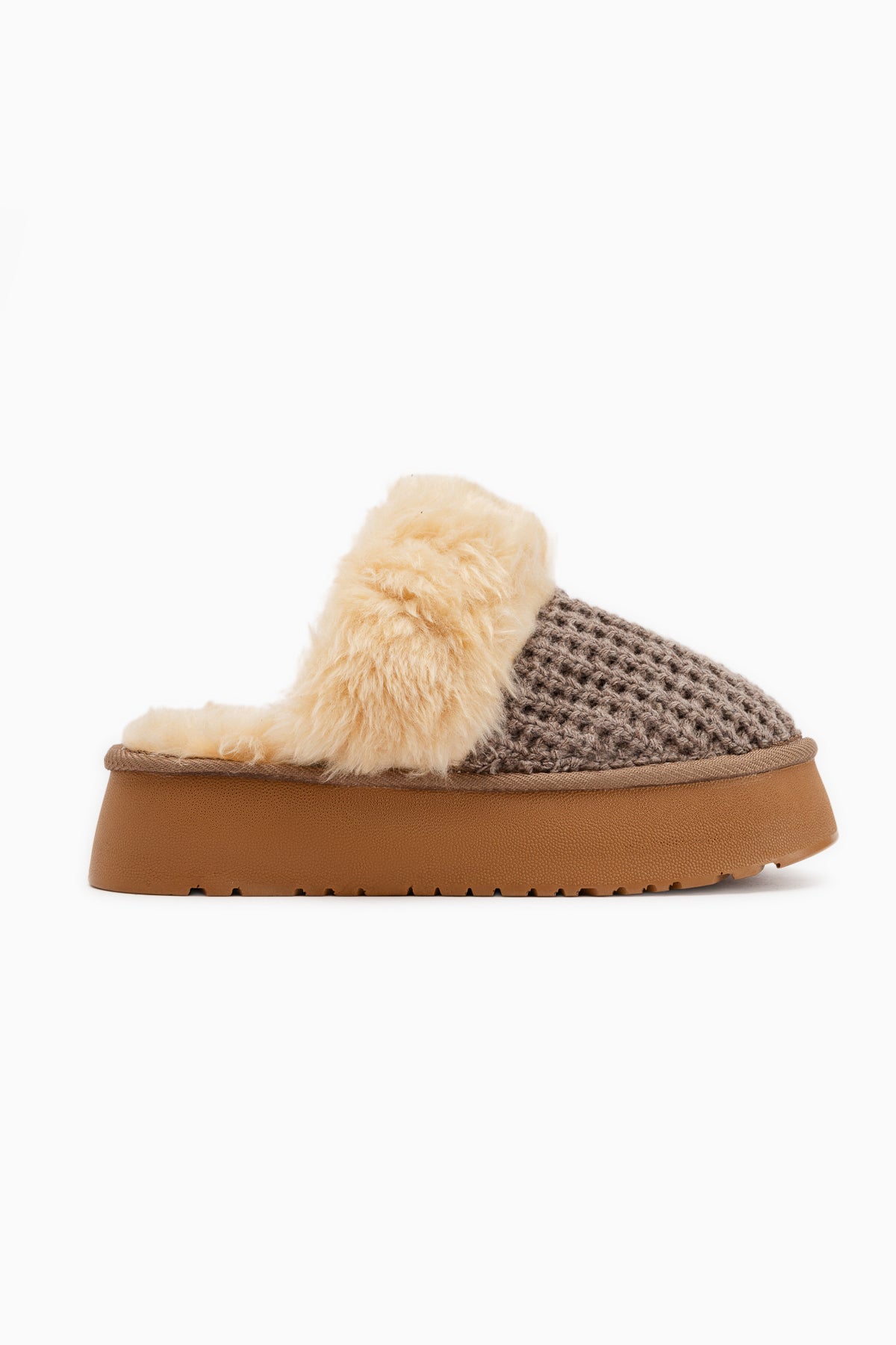 Mariza Beige Plush Knit Fur Lined Women’s Slippers