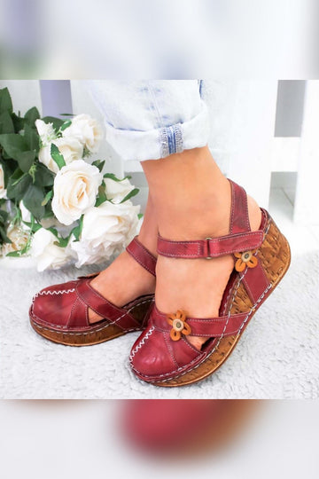 Katlyn Genuine Leather Burgundy Sandals with Floral Detail and Chunky Heel