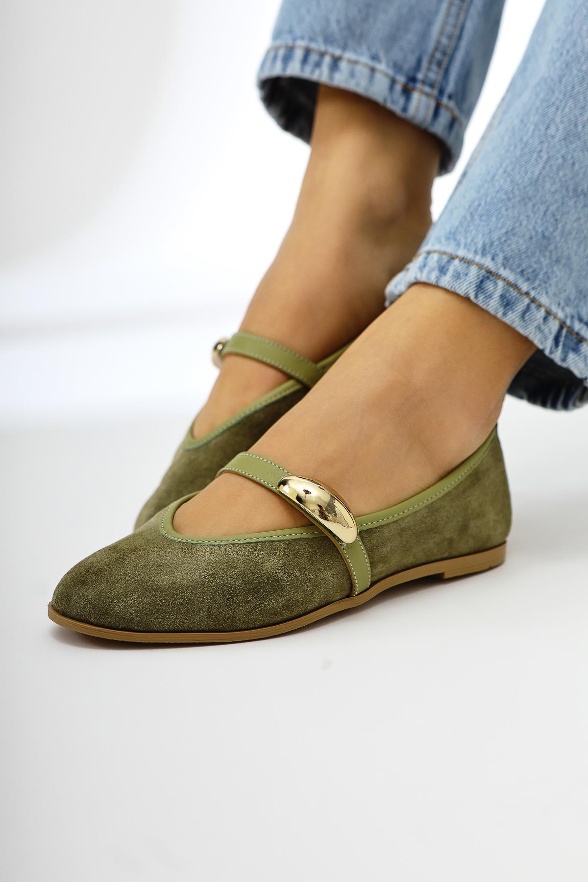 Aliana – Genuine Leather Olive Suede Buckle-Detail Ballet Flat (Women)